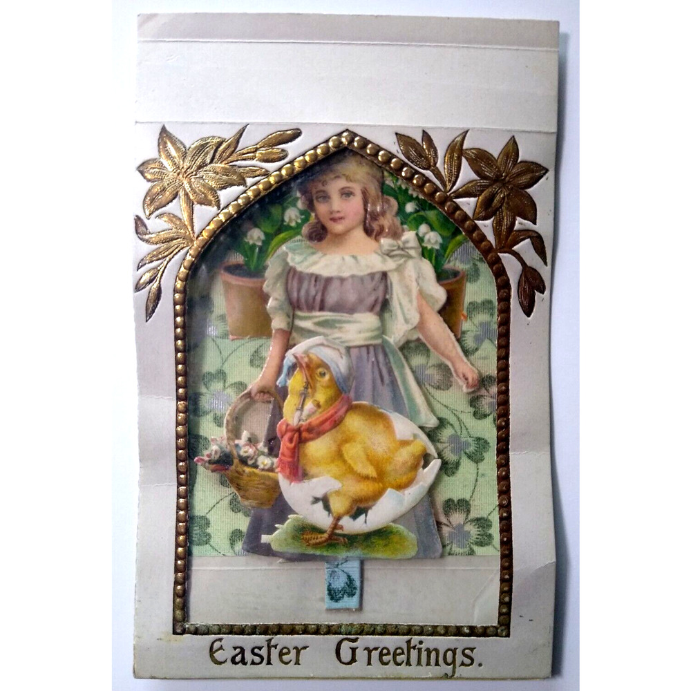 Easter Postcard Foldout 3-D Clear Window Victorian Girl Baby Chick Basket Diecut